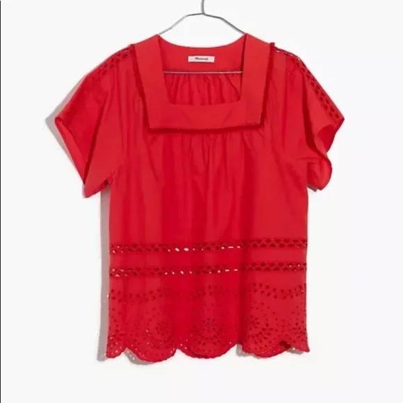 Madewell Red Eyelet Square Neck Short Sleeve Top - Picture 2 of 4